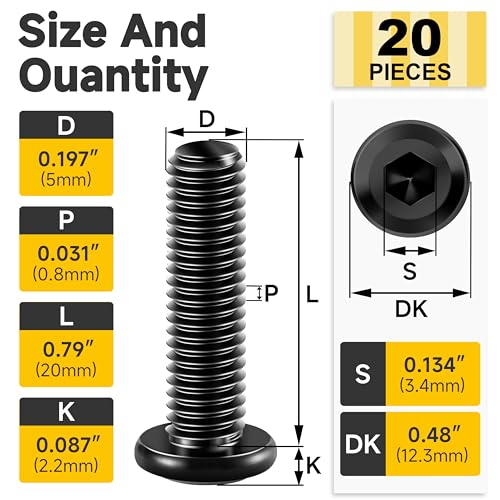 Mywish M5 x 20mm 20Pcs Flat Head Hex Socket Cap Screws Bolts, 304 Stainless Steel Furniture Bolts Full Thread & Hex Spanner, Black Zinc - color: Black-M5, size: 20mm