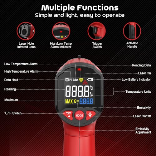 Temperature Gun, SQECH Laser Temp Gun, Digital Infrared Thermometer Gun Red - color: Red(-58℉~1112℉)