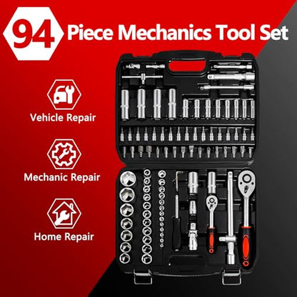 XHTT 94 Piece Tools For Mechanics,Metric And Standard 1/4,1/2 Socket Set,And Ratchet Set,Universal Joint,Extension Bars And Quick Release Reversible Ratchet Wrench,Plastic Toolbox Storage.