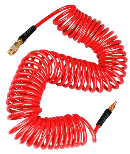 YOTOO Polyurethane Recoil Air Hose 3/8" Inner Diameter by 50' Long with Bend Restrictor, Repairable 1/4" Industrial Quick Coupler and Plug, Red - size: 50 FT