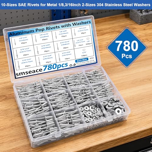 smseace 780Pcs Aluminum Pop Rivets Kit with 304 Stainless Steel Washers, 10-Size SAE Blind Rivet 1/8 3/16 Inch,Metal Blind Rivets for Furniture Automotive Instruments Repair - color: Silver Aluminum, size: 780Pcs