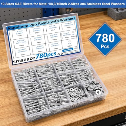 smseace 780Pcs Aluminum Pop Rivets Kit with 304 Stainless Steel Washers, 10-Size SAE Blind Rivet 1/8 3/16 Inch,Metal Blind Rivets for Furniture Automotive Instruments Repair - color: Silver Aluminum, size: 780Pcs
