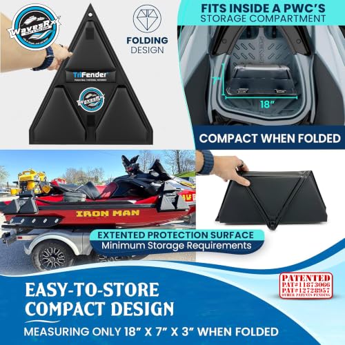 WAVESRX PWC Fender Bumper & Soft Loop Cleats for Safe and Convenient Jet Ski Docking - Patented TriFender Protects Jetski from Dock Rash & Scratches Folding Design with Adjustable Bungee - color: Orca Black