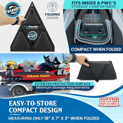 WAVESRX PWC Fender Bumper & Soft Loop Cleats for Safe and Convenient Jet Ski Docking - Patented TriFender Protects Jetski from Dock Rash & Scratches Folding Design with Adjustable Bungee - color: Orca Black