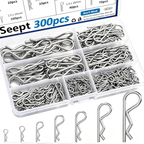 300Pcs 304 Stainless Steel R Cotter Pins – 7 Sizes Assortment Kit, Heavy-Duty Hitch Lock Pins for Trucks, Trailers, Engines & Farm Equipment - size: 300Pcs 7-sizes
