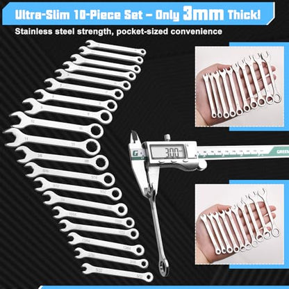 20PCS Super Thin Mini Wrench Set Standard Metric and SAE 4mm-11mm & 5/32"-7/16" Thickness Slim Open End and Box End Combination Wrench Set for Tight Spaces, Gate Clip in Pouch - size: Ultra-Thin SAE&Metric