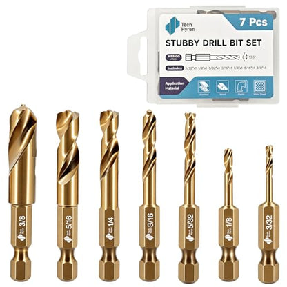 7Pcs Cobalt Stubby Drill Bit Set M35 HSS 1/4" Hex Shank 3/32"-3/8"