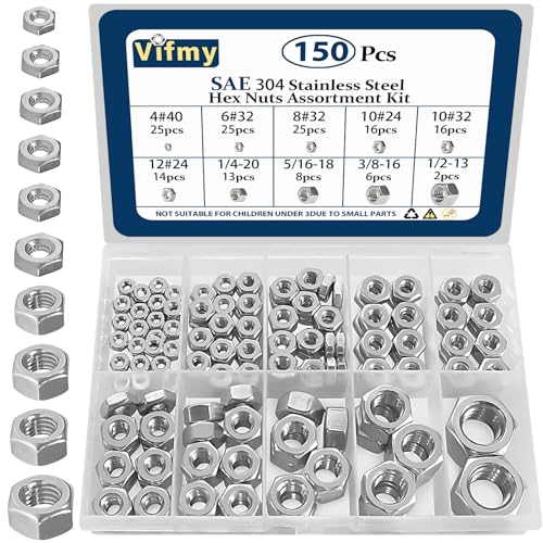 SAE Hex Nut Assortment Kit,150Pcs Stainless Steel（#4-1/2） Nut Set - size: SAE-150