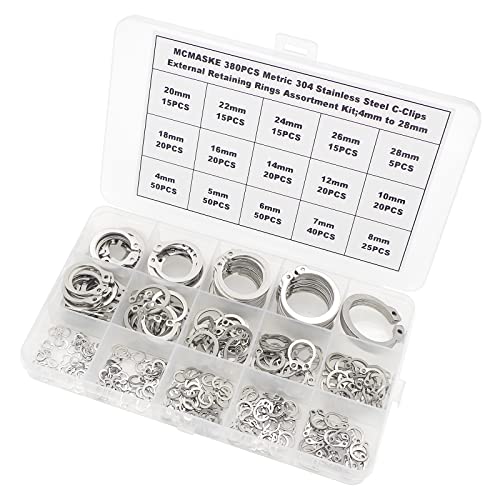 380PCS 4-28mm 304 SS External Retaining Rings Shaft C-Clips Kit