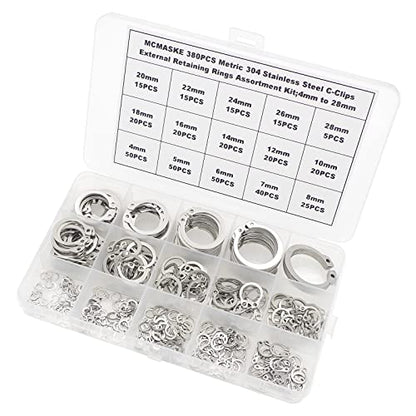 380PCS 4-28mm 304 SS External Retaining Rings Shaft C-Clips Kit