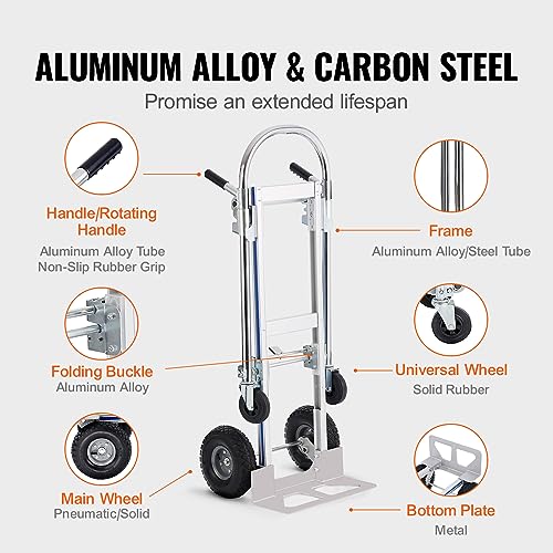 VEVOR Aluminum Truck, 2 in 1, 800 lbs Load Capacity, Heavy Duty Industrial Convertible Folding Hand Truck and Dolly, Utility Cart Converts from Hand Truck to Platform Cart with Rubber Wheels - size: 800 lbs