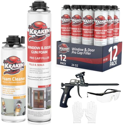 Kraken Bond Window & Door Expanding Foam Sealant - (12x24oz) Professional Gap Filling Gun Use Polyurethane Spray Foam, Low Expansion Waterproof Gap Filler, Gun&Cleaner Included - 12 Pack - size: 12 Pack