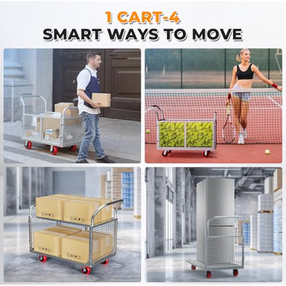 2IN1 Steel Panel Cart Dolly – Heavy Duty Drywall Lumber Truck Cart with 3000 LBS Capacity, 44 x 28 Inch 2.2MM Steel Plate, 6" Swivel Brake Wheels, 1 Front & 3 Side Handrails (X Large with Cage) - size: Silver | XX-Large