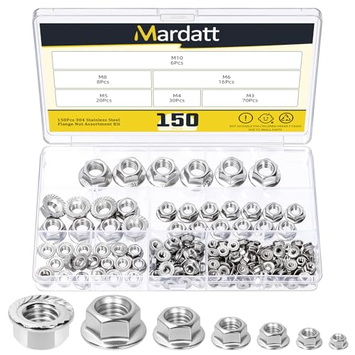 150Pcs M3 M4 M5 M6 M8 M10 304 Stainless Steel Serrated Flange Nuts, Metric Flange Hex Lock Nuts for DIY Home Mechanism, Silver