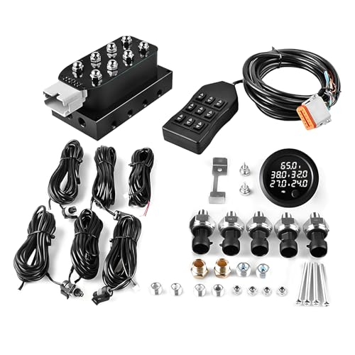 12V Solenoid Valve Air Ride Suspension manifold 8-Valve With 5M 9-switch Wired Remote Controller, equipped with five display air pressure gauge white - color: White Gauge