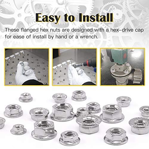 100pcs 6 Sizes SAE 304 Stainless Steel Serrated Hex Flange Nuts Assortment Kit 1/4-20 5/16-18 3/8-16 10-24 8-32 6-32