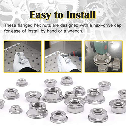100pcs 6 Sizes SAE 304 Stainless Steel Serrated Hex Flange Nuts Assortment Kit 1/4-20 5/16-18 3/8-16 10-24 8-32 6-32