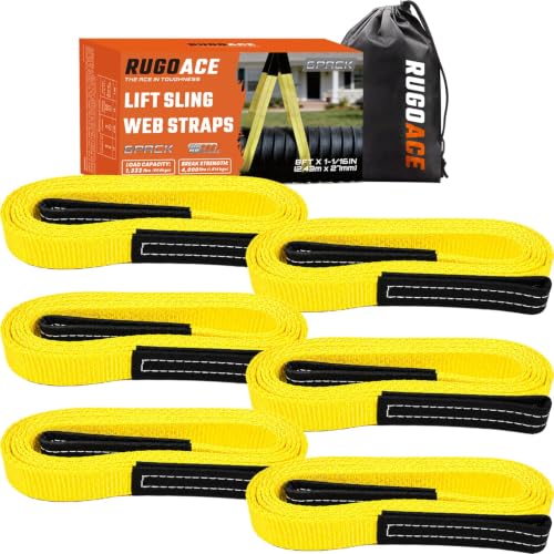 Polyester Lift Sling Web Straps 1 in x 8 ft 4000 lbs WLL 6-Pack, RUGOACE - color: 6pk yellow