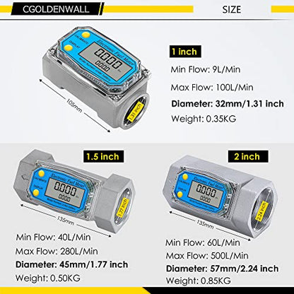 CGOLDENWALL 1 inch 3/4 inch Turbine Flow Meter 2.5~26GPM Fuel Meter Digital Liquid Flowmeter with with 2 NPT Adapters Flow Meter for Water, Diesel, Kerosene, Gasoline with Gallon Unit - color: 1 inch 3/4 inch
