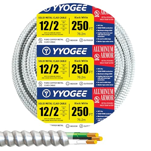 12/2 250FT MC Cable with Ground, 12 Gauge Wire Metal Clad Cable with Solid Copper Conductors, Aluminum Armor, Electric Wire for Indoor, Outdoor, Commercial, Industrial Use - size: 250 FT
