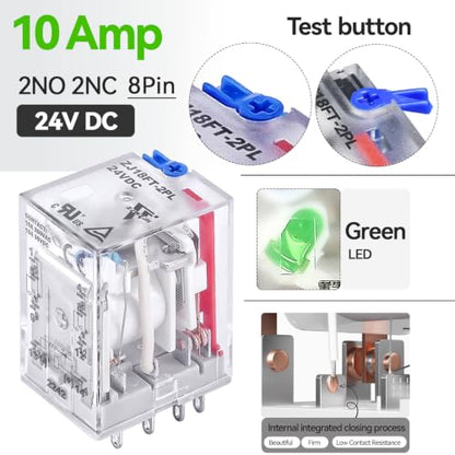 Electromagnetic Power Relay10 Amp Din Rail 24V DC 8-Pin, DPDT 2-Ways with Test Button, Socket Base, DIN Rail, LED Moudle - size: DC 24V, style: 8Pin-10A-1Pcs