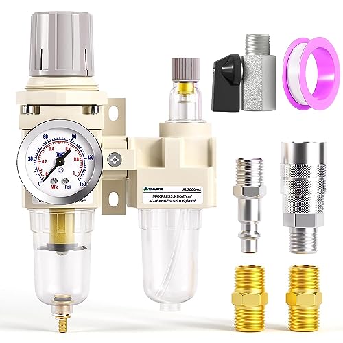 TAILONZ PNEUMATIC 1/4 Inch NPT Air Filter Pressure Regulator Water/Oil Trap Separator Combo(0-145PSI),Air Tool Compressor Filter with Gauge AC2010-02(Manual Drainage) - color: Manual/2 in 1, size: 1/4"NPT