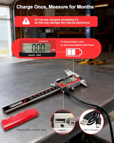 GODSEON 6" Digital Caliper, USB-C Rechargeable Backlight LCD ±0.001" Accuracy, Inch/mm/Fraction Units 5 Modes Auto-Off, Stainless Steel Calipers for DIYers Woodworkers Jewelers, 3D Printing - size: 6"- Metal Shell