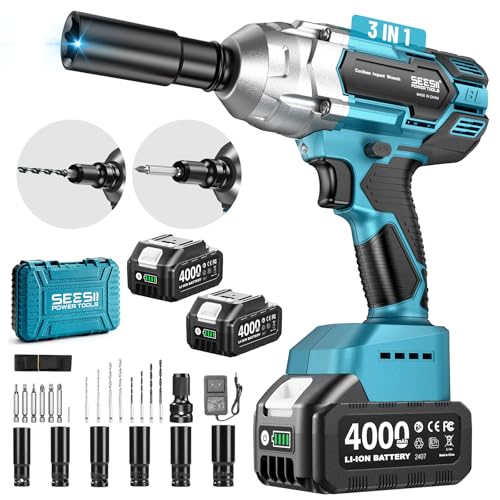 Seesii Cordless Impact Wrench 1/2 inch, High Torque 479 Ft-lbs(650Nm) Brushless Impact Gun,2500RPM w/2x4.0 Battery, 6 Sockets,8 Drill Bits, High Torque Power Impact Driver for Car Home,WH6 Lite - size: 650 Nm