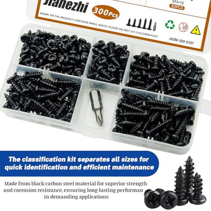 300Pcs M4x6/8/10/12/16 Self-Tapping Wood Screws Assortment Kit, Phillips Pan Head, Black Carbon Steel, 5 Sizes, for Wood Plastic and Soft Metal - size: M4x6/8/10/12/16-300Pcs