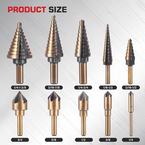 5Pcs Step Drill Bit & 5Pcs Countersink Drill Bit Set - size: Step & Countersink Set