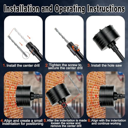 DECKRKAT 4-1/4" Concrete Hole Saw Kit,Electroplated Black Quenching Tech,Heavy-Duty Thickened Alloy Teeth,SDS Plus Shank & 2 Center Bits for Concrete,Brick,Stone. - size: (110mm)4-1/4"