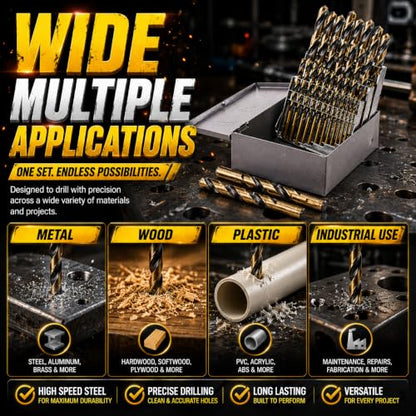 Stark USA 29-Piece HSS Drill Bit Set, Black & Gold High Speed Steel Drill Bits 135° Split Point, Twist Drill Bit, 1/16"–1/2", for Stainless Steel, Cast Iron, Metal, Wood & Plastic, Storage Case - size: 29 PCS Set Industrial