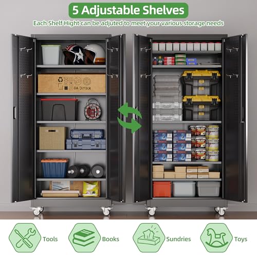 Aobabo Metal Garage Storage Cabinet with Wheels and Pegboards, Black - color: Black, size: 16"D x 32"W x 71"H