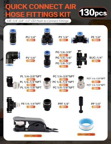 130PCS 1/4" OD Quick Connect Air Hose Fittings Kit, Push to Connect 1/4 1/8 3/8 1/2 NPT Threads&Reducer Pneumatic Line Assortment for Air Compressor, Air System, Auto and Trailer Repair - size: 130PCS
