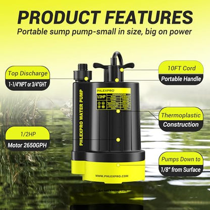 1/2HP Automatic Submersible Sump Pump, 5300 GPH Water Pump - color: Black-yellow