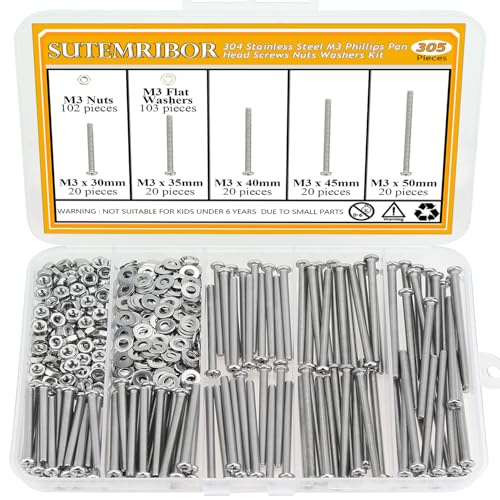 305 Pieces M3 x 30/35/40/45/50mm Machine Screws Nuts Washers Set, Sutemribor M3 Long Screws, M3 Phillips Pan Head Machine Screws Nuts Washers Assortment Kit, 304 Stainless Steel, Fully Threaded - size: M3 Long Screws Kit, style: Phillips Pan Head
