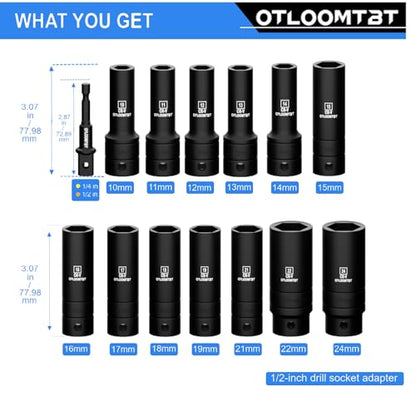OTLOOMTBT 1/2" Drive Impact Socket Set, Metric Deep with Drill Adapter - size: 1/2 Inch 14 PCS