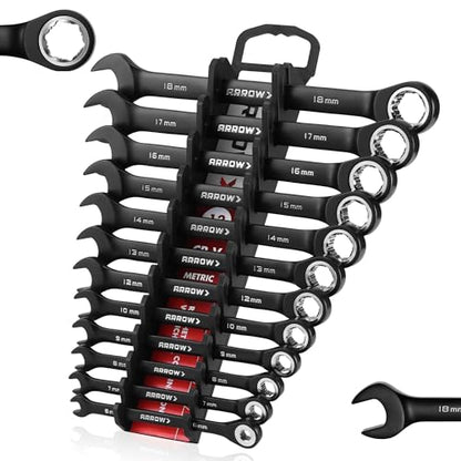 ARROW 12PCS Metric Ratcheting Wrench Set with Black Magnetic Tool Holder - style: Metric Only