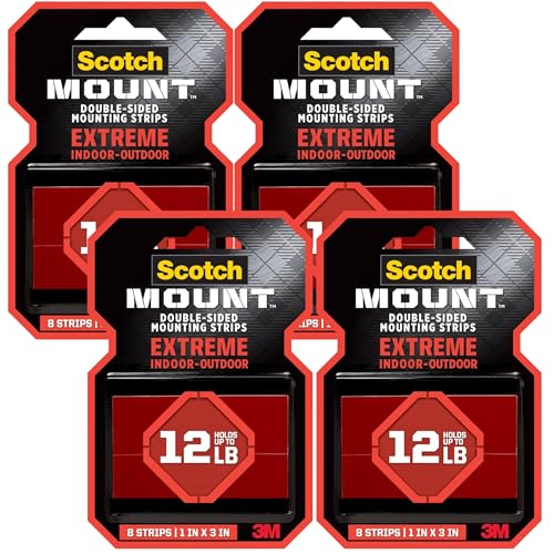 Scotch-Mount Extreme Double-Sided Mounting Strips, 32 Strips Total (4 Packs of 8), 1 in x 3 in, Heavy Duty, Indoor/Outdoor, Black (414H-ST) - size: 32 Count