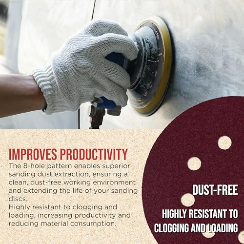 ProductionShop Premium 5" Red 8-Hole Pattern 120 Grit Sanding Discs, Box of 50 - Dustless Hook & Loop Backing Sandpaper for Random Orbital Sanders, Medium-Cut Abrasive - Woodworking, Sand Auto Paint - style: 120 Grit