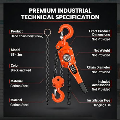 6 Ton Industrial Chain Fall, Manual Lever Hoist with 10FT G80 Carbon Steel Chain, Double-Pawl Brake, Lever Chain Hoist for Unpowered Lifting