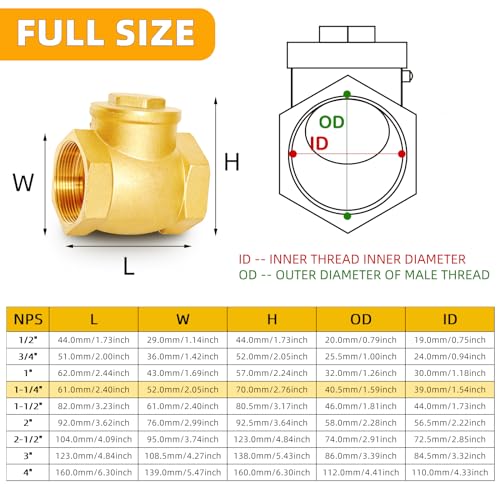 1-1/4" NPT Horizontal Swing Check Valve Brass Heavy-Duty Female Thread DN32 - size: 1 1/4 inch