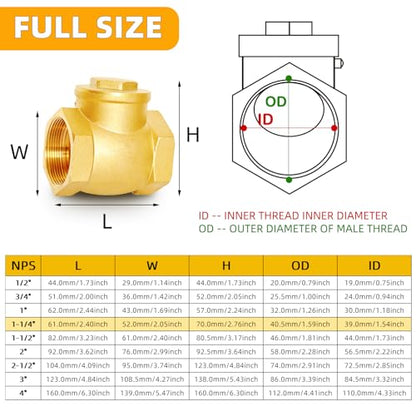 1-1/4" NPT Horizontal Swing Check Valve Brass Heavy-Duty Female Thread DN32 - size: 1 1/4 inch