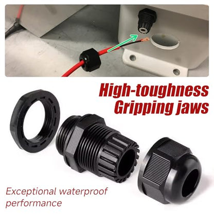 Cable Glands 72 pcs Cable Gland Waterproof joints, Adjustable Black 3-24mm Waterproof Cable Connectors PG7 1/4" 1/2" 3/4" 1" NPT Plastic 4 cable glands and Gaskets in PP Box