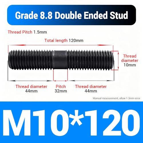10pcs M10*120mm Double End Threaded Stud, Grade 8.8 Carbon Steel Black Oxide Finish Equal Long Threaded Rod Bar for Furniture Industrial Maintenance Connection Fasteners - size: M10*120-10PCS