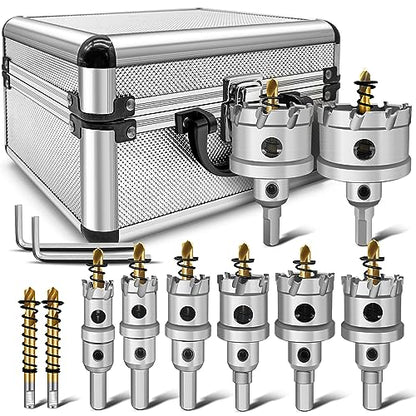 TCT Carbide Hole Saw Kit for Hard Metal, 12 pcs Heavy Duty Carbide Tungsten Carbide Tipped Hole Saw Set, with 1 Aluminum Box 2 Extra Pilot Drill Bits and 2 Hex Key - color: 10PCS(3/4"-2")