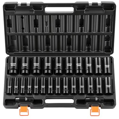 VEVOR Impact Socket Set, 26pcs x 1/2inch Metric 10mm-36mm Impact Sockets, 6-Point Deep Socket Rugged Construction High-torque, Cr-V 1/2 Inches Drive Socket Set Impact with a Storage Cage - size: 1/2" 26PCS