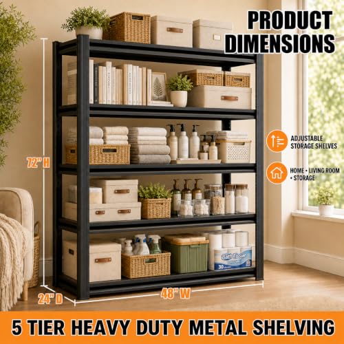 Heavy Duty 5 Tier Metal Garage Shelving, 72" H×47" W×27" D - size: 72"H×48"W×24"D