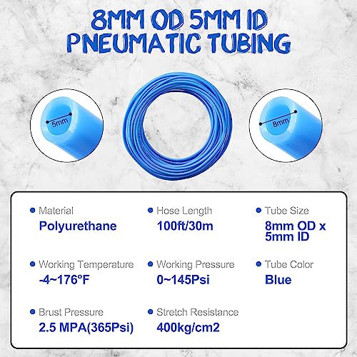 8mm OD 5mm ID Polyurethane PU Air Hose Pipe Tube Kit, 100ft/32M High Flexibility Pneumatic Tubing Air Line Tubing, Blue - size: 8mm OD - 100ft/30m