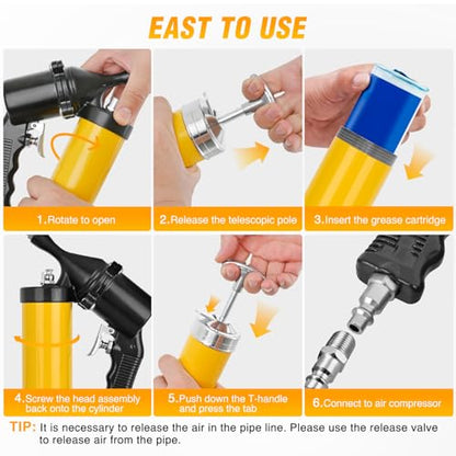 GOOACC Pneumatic Grease Gun 6000 PSI 14oz Heavy Duty Air Operated Grease Gun Kit with 18" Spring Flex Hose Rigid Pipe Coupler Pistol Grip Grease Guns for Automotive Farm Industrial Marine, Yellow 6PCS - size: Pneumatic 14oz Yellow 6PCS